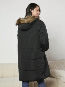 少女字母拼接细节毛绒装饰连帽棉服外套 - 黑色 - 查看 2