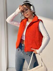 SHEIN Essnce 抽绳下摆拉链背心加厚棉服外套衣服冬季 - 亮橙色 - 查看 3