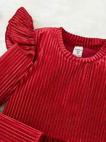 女大童荷葉邊荷葉邊下擺絲絨上衣和緊身褲 - 紅色 - 查看 3