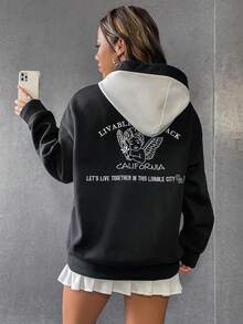 SHEIN Unity Slogan & Angel Embroidery Drop Shoulder Hoodie - Black and White - View 6