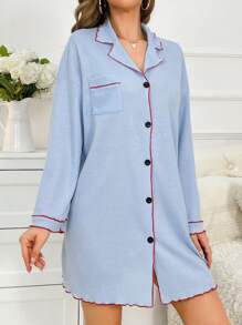 Snug Reverie Contrast Binding Button Front Drop Shoulder Pocket Patched Waffle Knit Lounge Dress, For Fall, Cozy Outfit