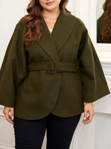 Flirla Plus Shawl Collar Belted Overcoat - Army Green - View 3