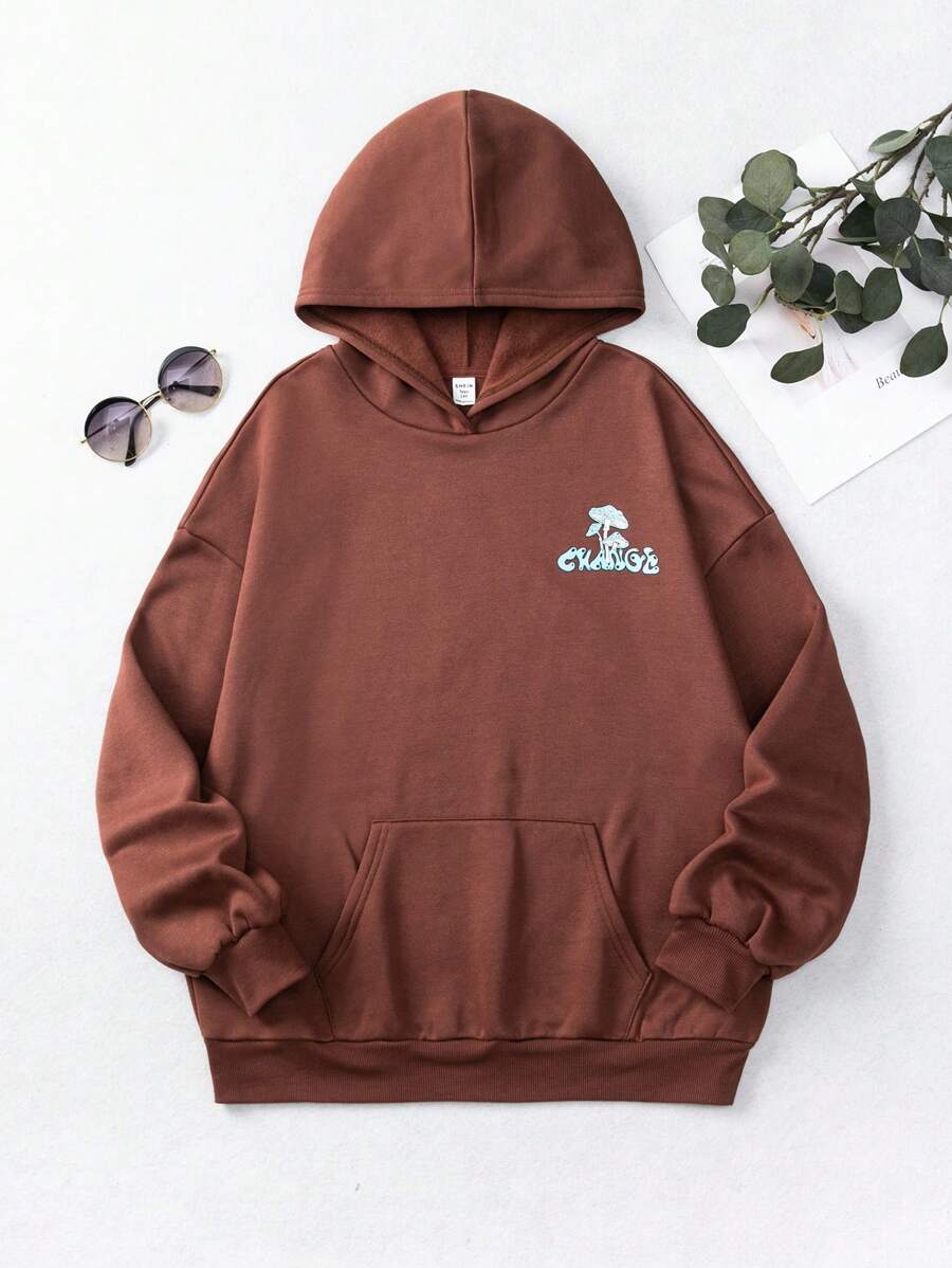 SHEIN 青少年女孩蘑菇圖案袋鼠口袋連帽衫 - 棕色 - 查看 1