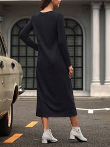 SHEIN LUNE 素色側邊紐扣下擺開叉T恤洋裝 - 黑色 - 查看 2