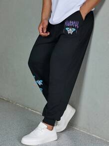 Manfinity Homme 男士大码字母圖案斜口袋衛褲 - 黑色 - 查看 1