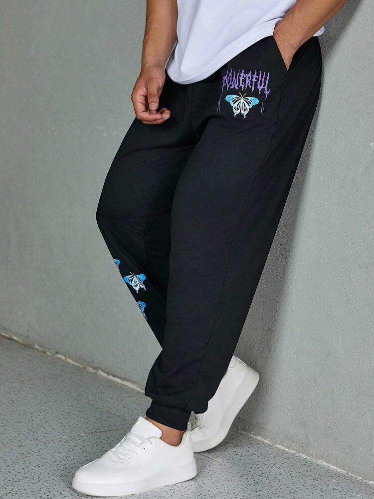 Men Plus Letter Graphic Slant Pocket Sweatpants