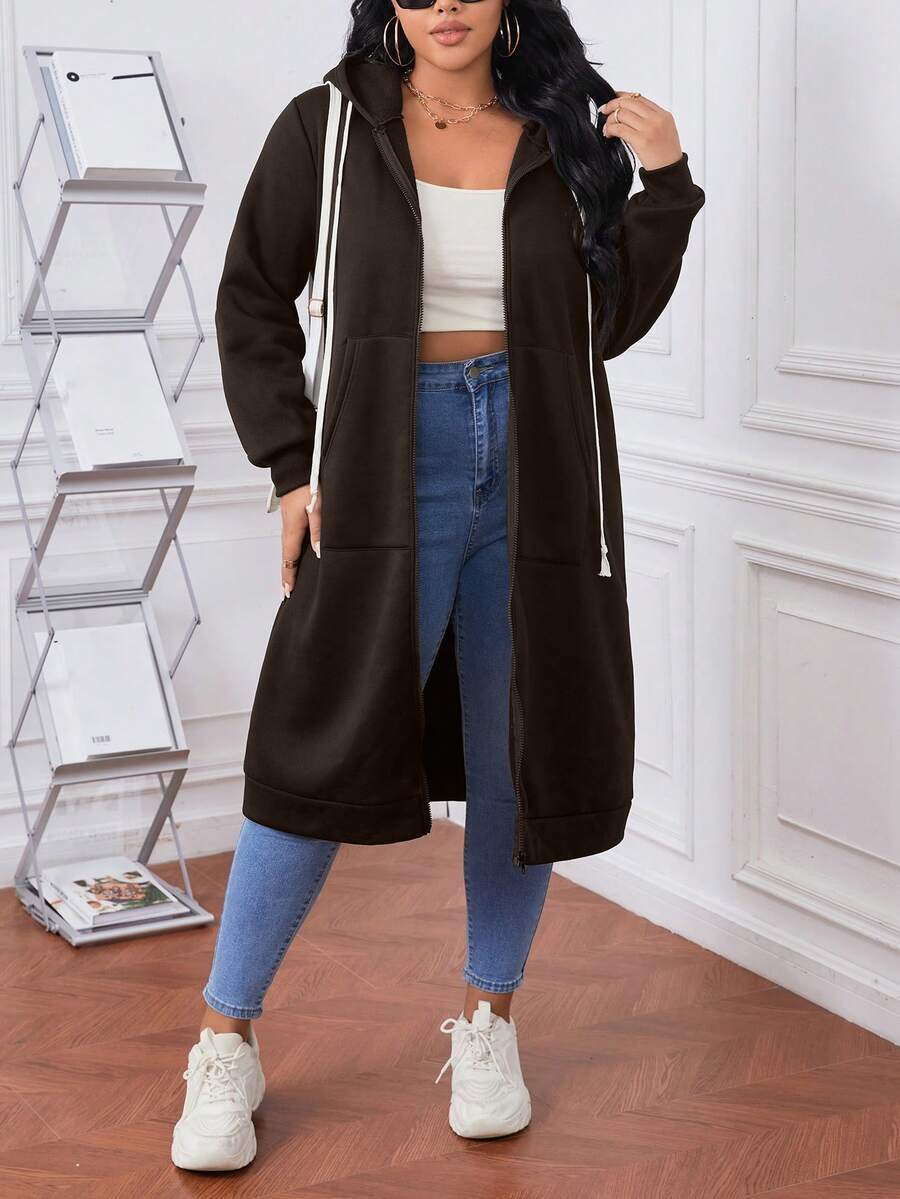 SHEIN Essnce 加大码拉链抽绳卫衣 - 棕色 - 查看 1
