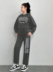 Teen Girl Letter Graphic Drop Shoulder Hoodie & Sweatpants - Grey - View 5