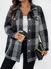Flirla Plus Plaid Print Drop Shoulder Flap Pocket Coat - Black - View 5