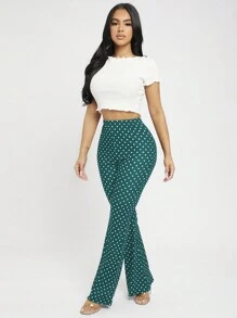 SHEIN PETITE 波卡圓點喇叭褲 - 墨綠色 - 查看 6