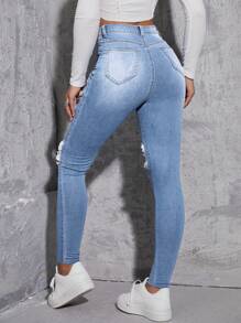 High Waist Ripped Skinny Jeans - Light Wash - View 2