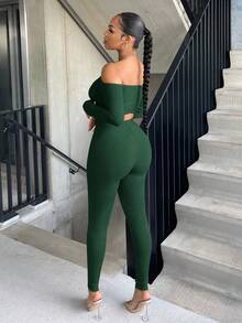 SHEIN SXY 一字肩不對稱下擺短款上衣&緊身打底褲 - 墨綠色 - 查看 2