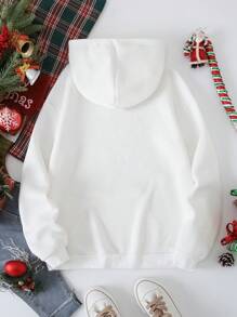 SHEIN EZwear 字母圖案袋鼠口袋抽繩保暖連帽衫 - 白色 - 查看 2