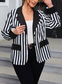 SHEIN Privé Plus Striped Print Lapel Neck Blazer - Black and White - View 2