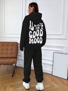 SHEIN Unity 標語圖案落肩袖連帽衫和運動褲 - 黑色 - 查看 6