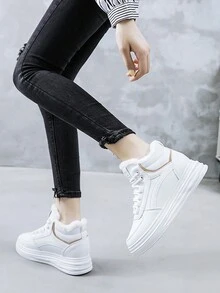 Women's Winter High-Top Sneakers - Thick Thermal Lined , Non-Slip Thick Sole, Fashionable Geometric Pattern Design, Lace-Up Closure - Khaki - View 4