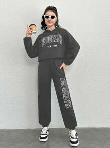 Teen Girl Letter Graphic Drop Shoulder Hoodie & Sweatpants - Grey - View 3