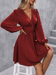 EMERY ROSE Đầm xòe tay loe cổ bẻ màu đỏ tía dành cho nữ - Màu Đỏ Sâu - Xem 6