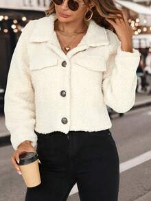 SHEIN Essnce Chi tiết về Flap Thả vai Áo Teddy Jackets - Màu be - Xem 6