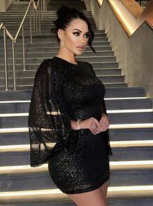 Zolique Open Backless Split Sleeve Sequin Bodycon Dress - Black - View 3