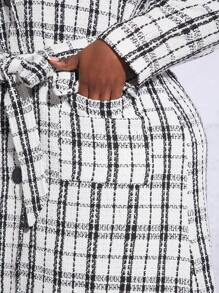 Slaydiva Plus Plaid Print Belted Overcoat - Black and White - View 5