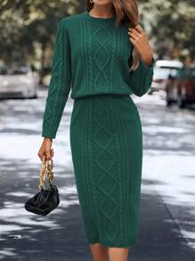 SHEIN Essnce Solid Cable Knit Sweater & Knit Skirt - Dark Green - View 3