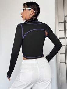 SHEIN EZwear 字母圖案頂針短款T恤&吊帶上衣 - 黑色 - 查看 2