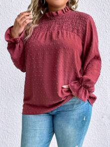 SHEIN Clasi Hơn Chấm Swiss Tay áo loe Lá sen tỉa Cổ giả Áo sơ mi - Màu Đỏ Sâu - Xem 6