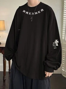 Claim Dot T-shirt oversize à manches longues avec graphique de lettre Harajuku pour hommes, cadeau pour petit ami, pour sortir, automne - Noir - Voir 1