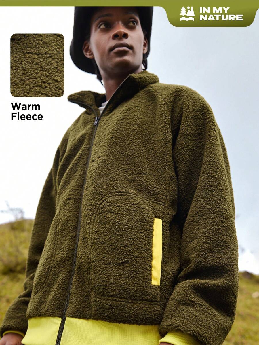 In My Nature Men Zip Up Contrast Trim Teddy Jacket