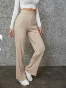 EURMUSE Solid Rib-Knit Wide Leg Pants - Apricot - View 3