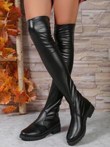 Women's Fashionable Over-the-knee Boots, Knee-high Riding Boots, Versatile Flat Chunky Heels Stretchy British Style Slim Fit Boots - Black - View 3