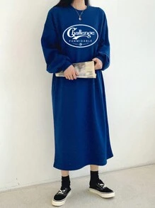 DAZY 字母圖案落肩T恤連衣裙 - 藍色 - 查看 6