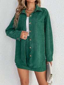 SHEIN Tall 落肩袖口袋貼布燈芯絨大衣&半身裙 - 墨綠色 - 查看 5