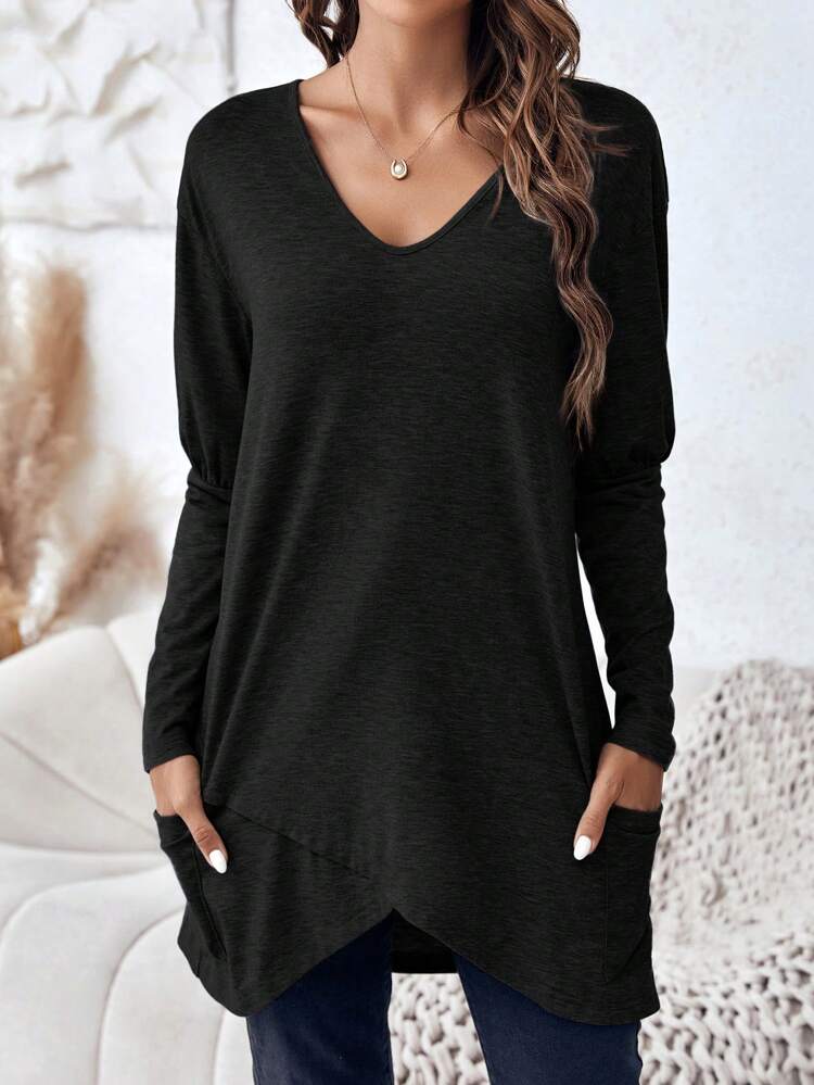 Solid V Neck Asymmetrical Hem Tee