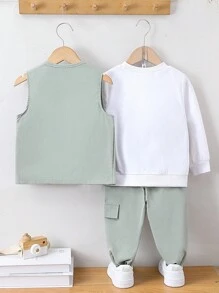 SHEIN 男小童字母圖案套頭衫和長褲和翻蓋口袋夾克背心 - 彩色 - 查看 2