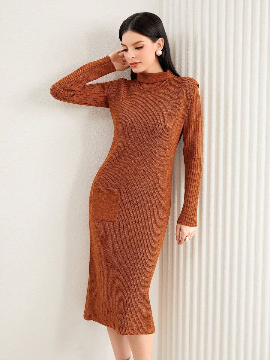 Seusyu Turtleneck Pocket Patched Sweater Dress & Sweater 2 Piece Set Fall Cloth For Women - Redwood - View 1