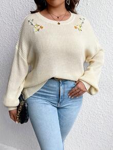 SHEIN LUNE Plus Floral Embroidery Drop Shoulder Sweater - Apricot - View 3