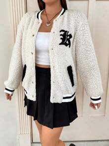 Flirla Hơn Thêu Chữ Sọc trang trí Thả vai Teddy Áo khoác bomber - Nhiều màu - Xem 3