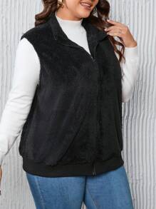 SHEIN LUNE Plus Zip Up Teddy Vest Jacket, For Winter - Black - View 6