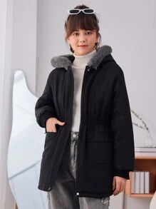 少女拉链毛绒装饰连帽棉服外套 - 黑色 - 查看 3