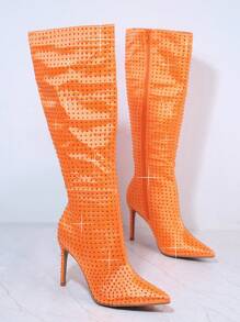 SHUZIA Rhinestone Pointy Toe Stiletto Heel Boots - Orange - View 2