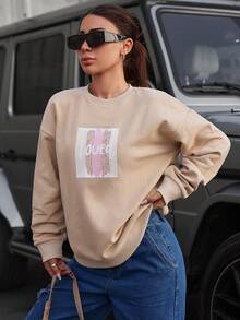 EURMUSE Letter Graphic Drop Shoulder Sweatshirt - Apricot - View 4