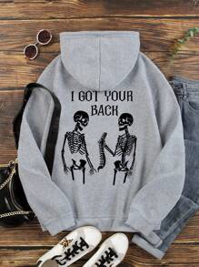 SHEIN EZwear Skeleton & Slogan Graphic Drawstring Thermal Lined Hoodie - Grey - View 1