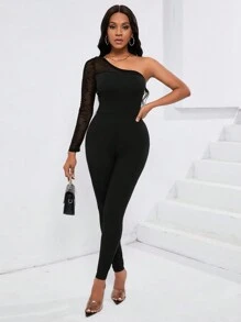 SHEIN Essnce Một bờ vai Lưới tương phản Một bờ vai Quần áo nịt - màu đen - Xem 1