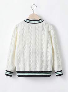 SHEIN 男大童字母圖案條紋飾邊板球毛衣 - 白色 - 查看 2