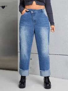 SHEIN ICON 大碼高腰毛邊緣卷邊直筒牛仔褲 - 藍色 - 查看 1