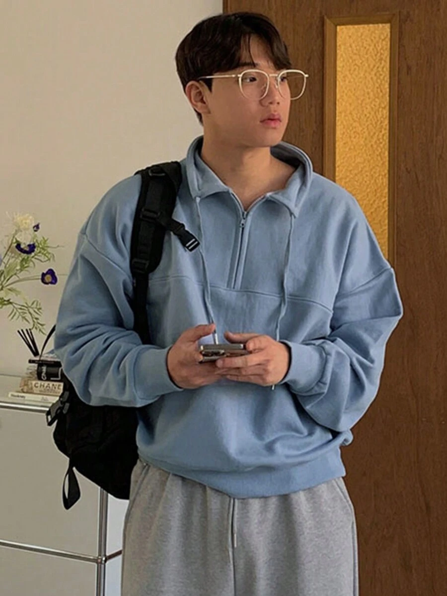 DAZY Nam Một nửa khóa kéo Thả vai Áo nỉ - Màu xanh lam - Xem 1