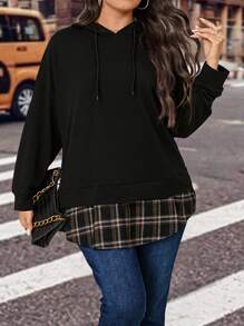 Calvaya Plus Plaid Print Drop Shoulder Drawstring Hoodie Pullover Fall Outfit