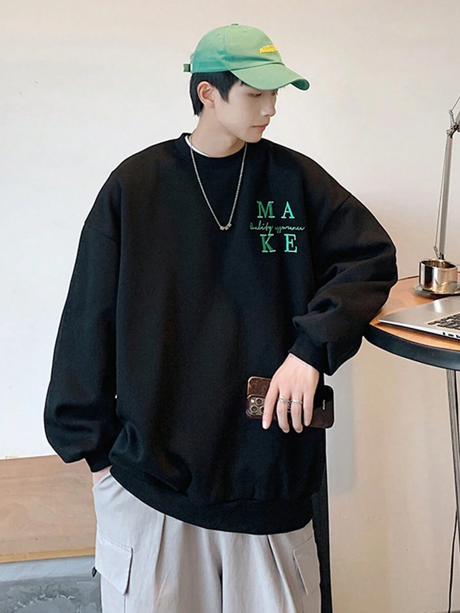 Manfinity Men Letter Embroidery Drop Shoulder Oversize Sweatshirt - Black - View 1